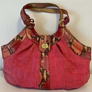 Brahmin hot pink woven purse with snake skin straps.